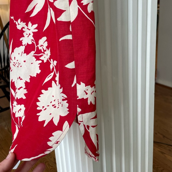 Liz Claiborne Floral Shirt Dress Button Front Red White Tropical Silk Linen 14 - Picture 3 of 4